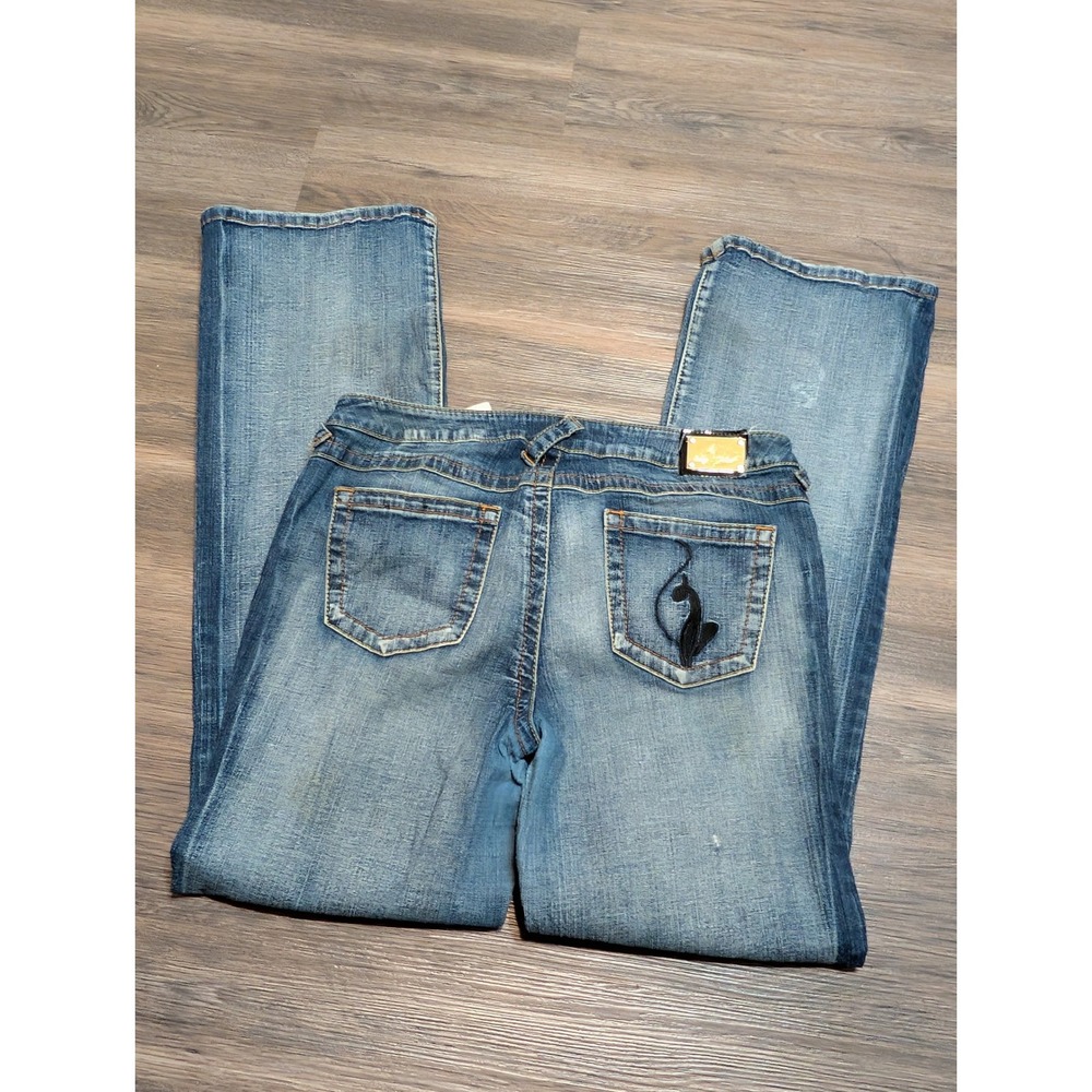 Baby Phat Y2K Blue Denim Bootcut Jeans Embroidered Cat Logo Size 13 Medium Wash